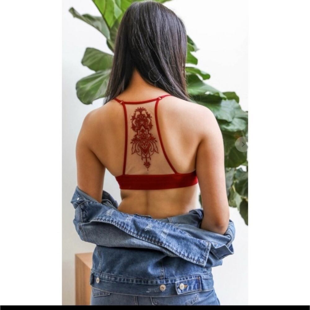 embroidered tattoo illusion racerback bralette red XS/S